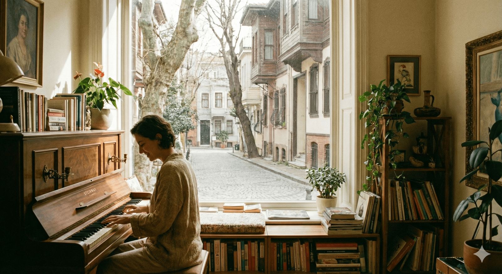 Zuhuratbaba’da sakin ev ortamında piyano çalan yetişkin öğrenci, birebir piyano kursu deneyimi