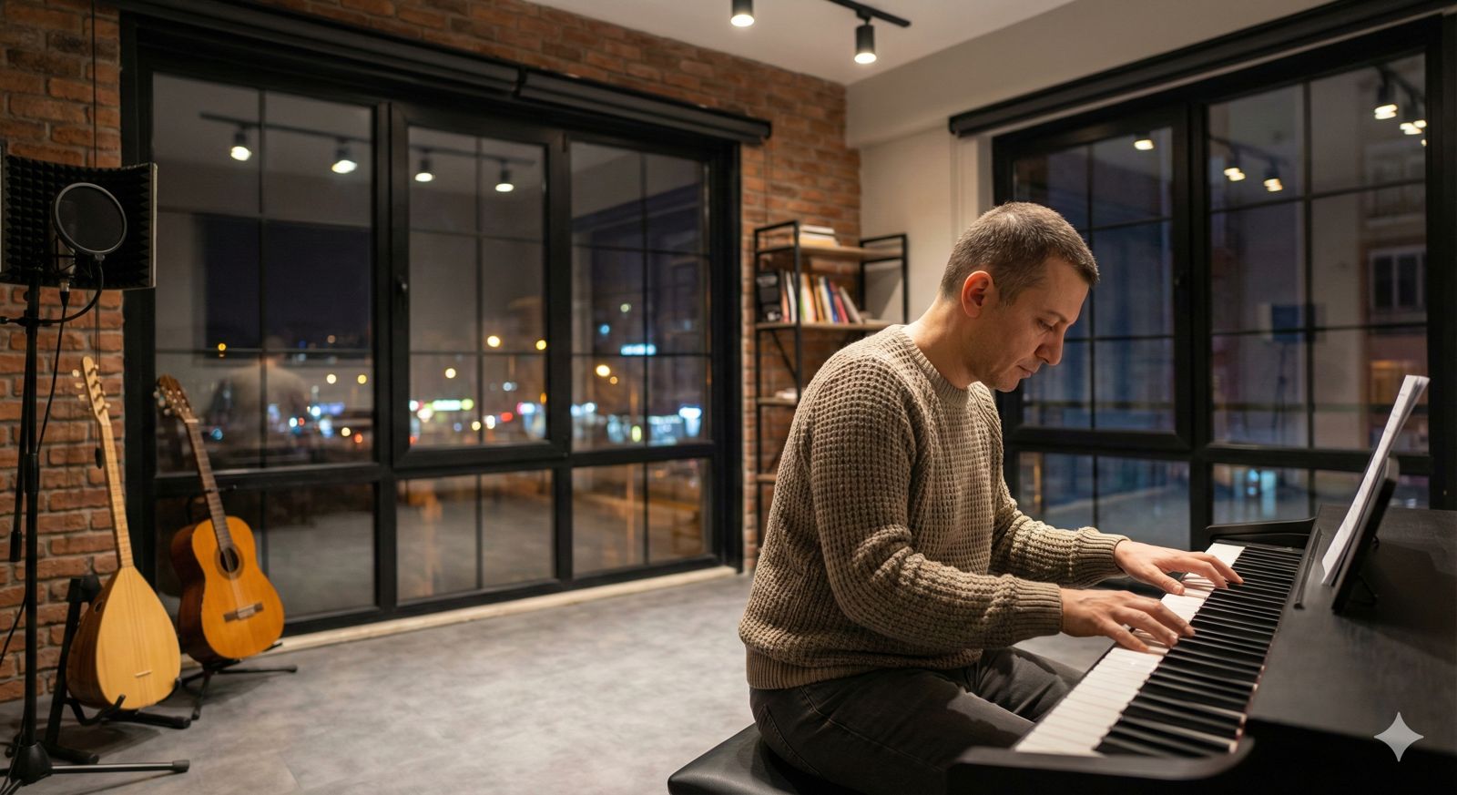 Bakırköy akşam piyano kursu dersliğinde piyano çalan yetişkin öğrenci.