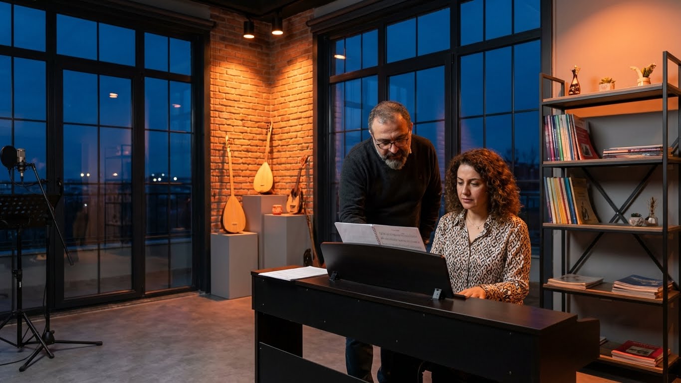 Yoğun çalışan yetişkinler için birebir piyano dersi, akşam saatlerinde esnek programla verilen özel piyano eğitimi.