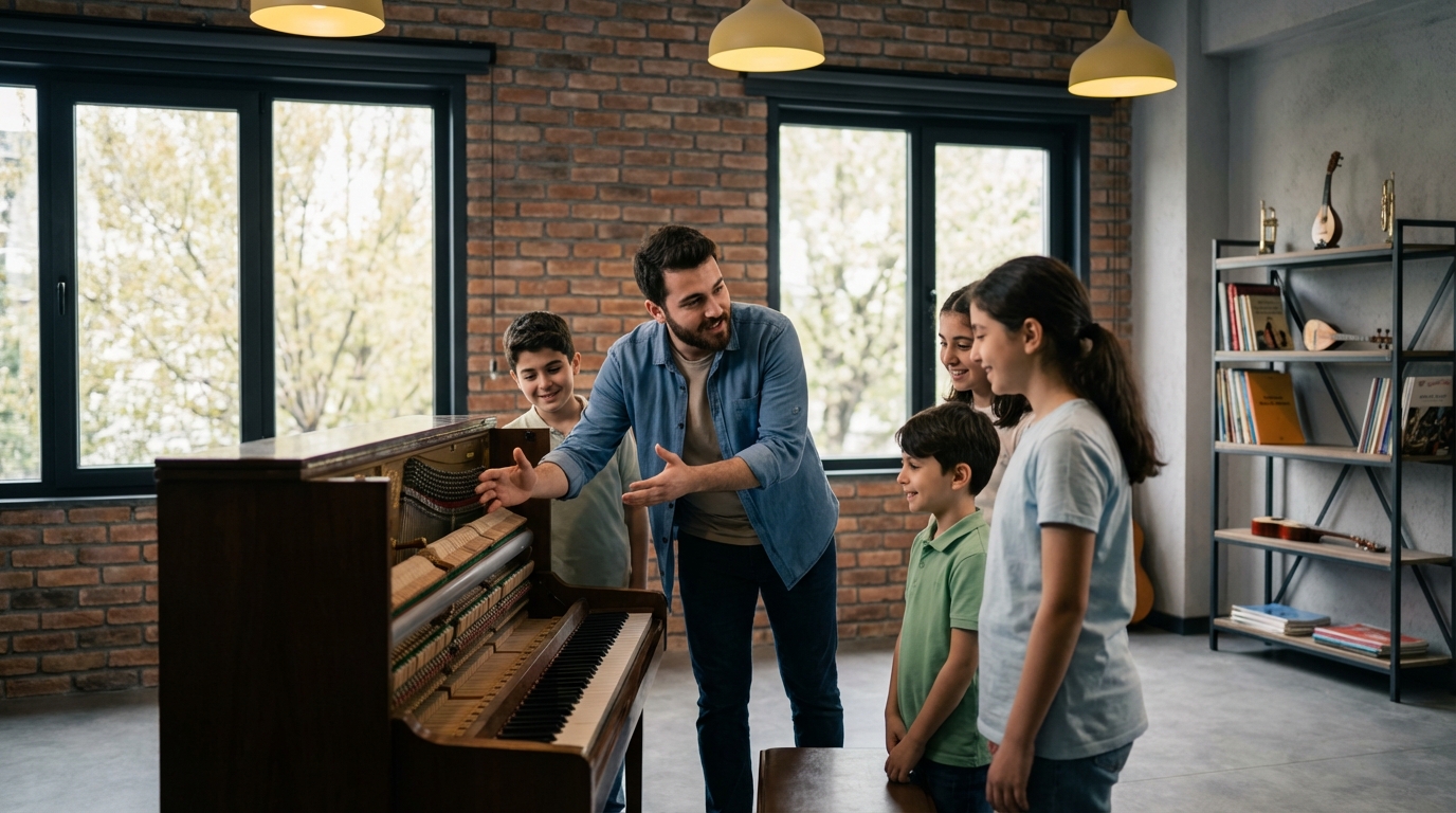 Bakırköy çocuk piyano kursu eğitiminde genç öğretmenler ve sıcak akademi atmosferi.
